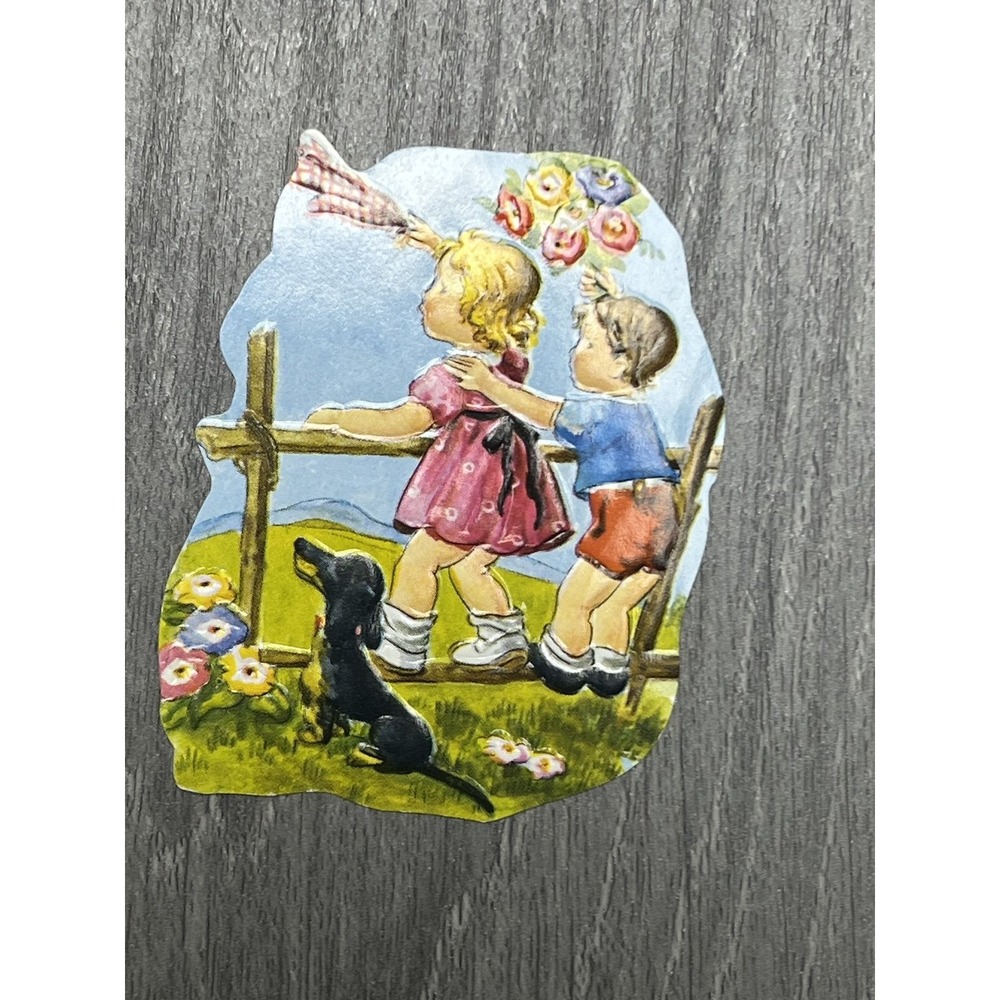 Vintage Die-Cut Embossed Children & Dog Fence Scene Ephemera Cut-Out
